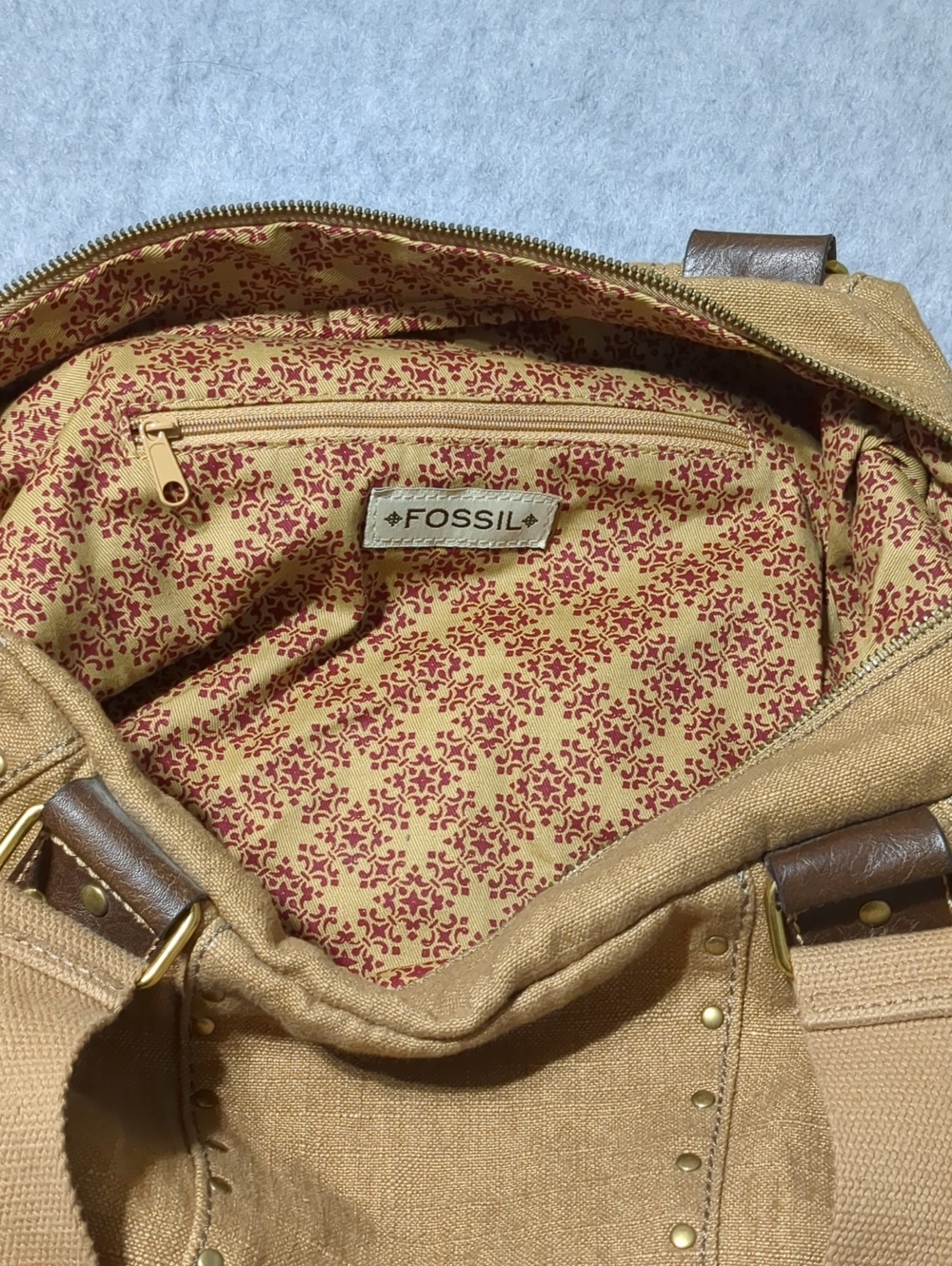 FOSSIL Tan Soft Canvas Brown Leather Gold Studded Tote Shoulder Bag - Picture 9 of 11